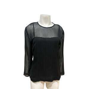 Vintage Black Sheer Silk Striped Blouse – Long Sleeve Semi-Sheer Top / Small -